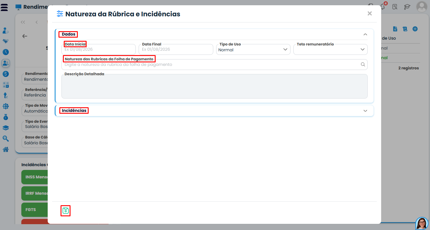 Janela de Natureza da Rubrica e Incidências do Sistema Contábil Makro mostra campos para configurar e enviar o S-1010 ao eSocial.