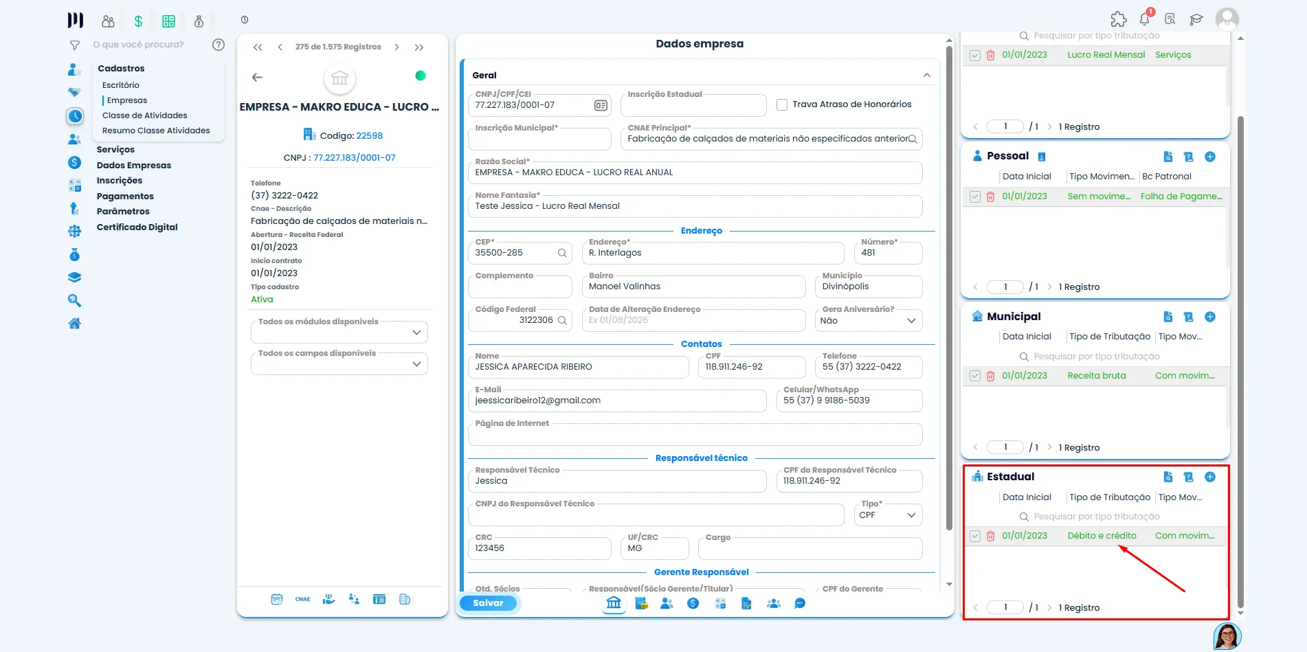 Tela de dados da empresa no Sistema Contábil Makro destaca a opção Estadual para acessar a configuração da ECD com arquivo único.