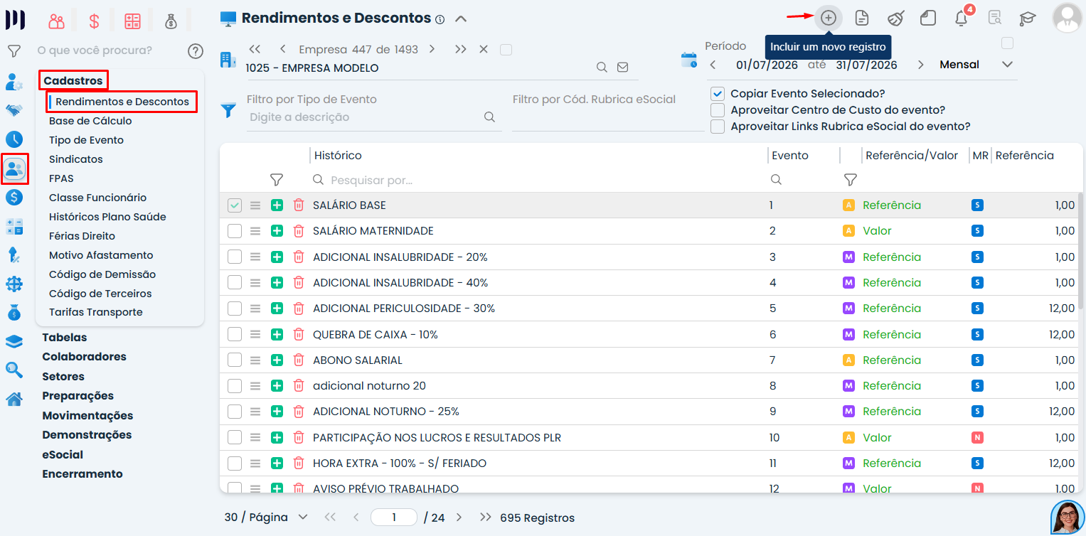 Tela do Sistema Contábil Makro destacando o menu Rendimentos e Descontos e a opção Incluir um novo registro para criar uma Nova rubrica de evento no sistema.