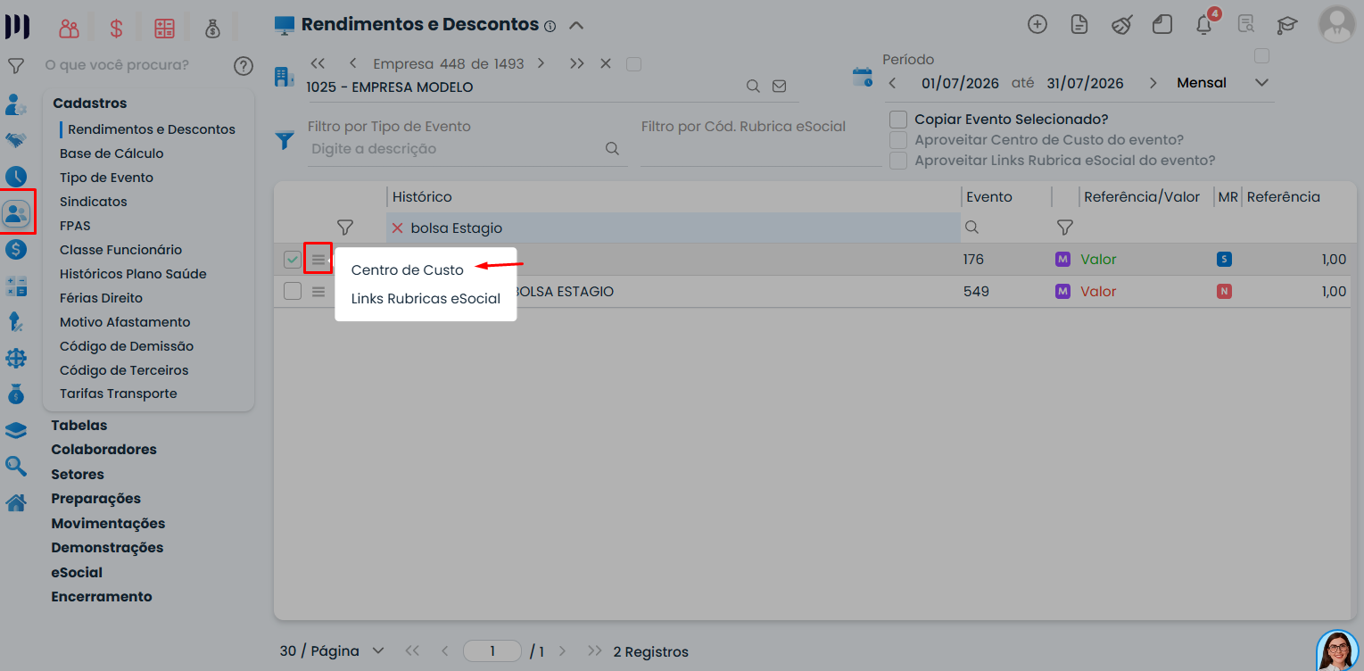 Tela do Sistema Contábil Makro destacando o submenu Centro de Custo para vincular corretamente a Nova rubrica de evento no sistema.