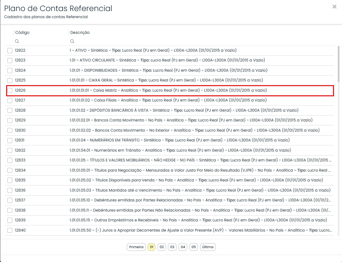 Plano de Contas Referencial do Sistema Contábil Makro mostra a opção Caixa Matriz selecionada para a Vinculação do Link Referencial.