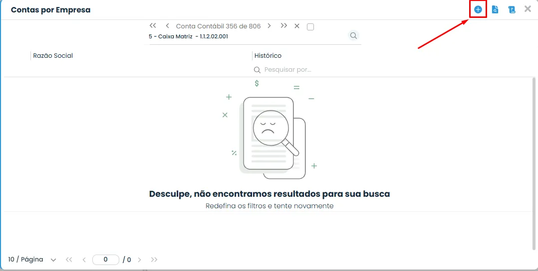 Tela Contas por Empresa do Sistema Contábil Makro destaca botão de inclusão para cadastrar Conta contábil para uma Empresa específica.