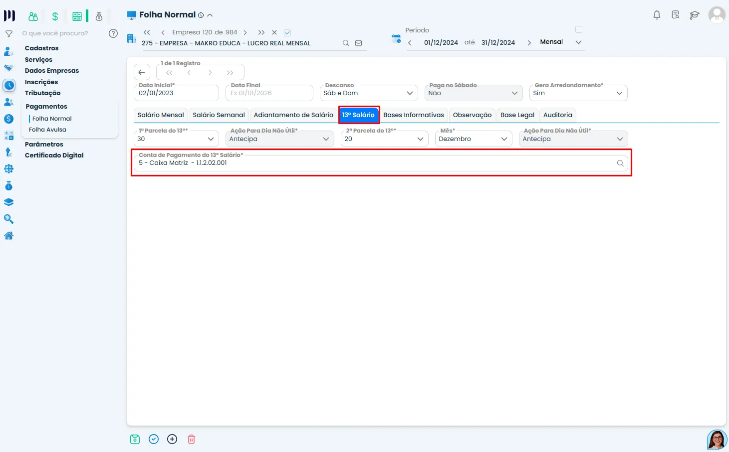 Tela do Sistema Contábil Makro mostra a conta de pagamento do 13º salário, utilizada na parametrização do Pagamento da Folha de Pagamento.
