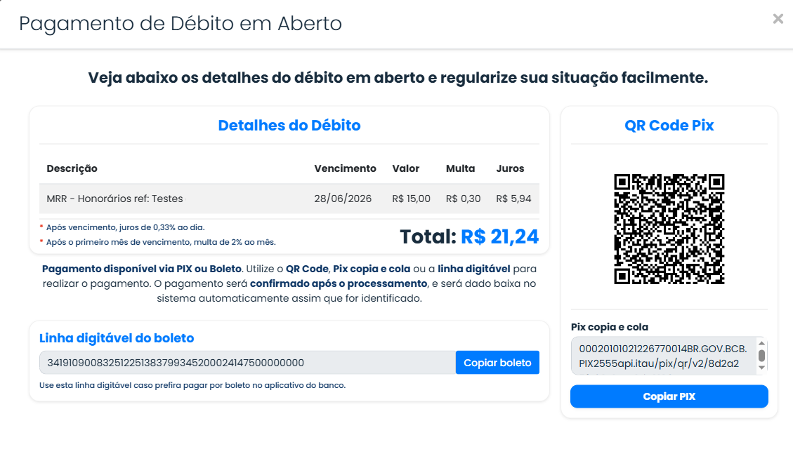 Tela do Sistema Contábil Makro com detalhes, QR Code e Pix copia e cola para orientar Como pagar um débito por pix de forma prática e segura.