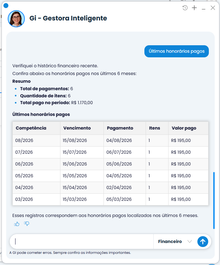 Tela da Gi no Sistema Contábil Makro exibe Consultar de honorários pagos, com seis pagamentos, competências, datas e valores do período.