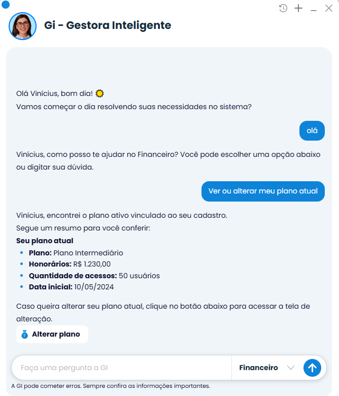 Captura da Gi exibe Consulta de Plano Atual no Sistema Contábil Makro, com plano intermediário, honorários, 50 acessos e data inicial.