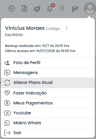 Tela do Sistema Contábil Makro com perfil aberto e opção Alterar Plano Atual, indicando Como realizar a alteração do plano de forma prática.