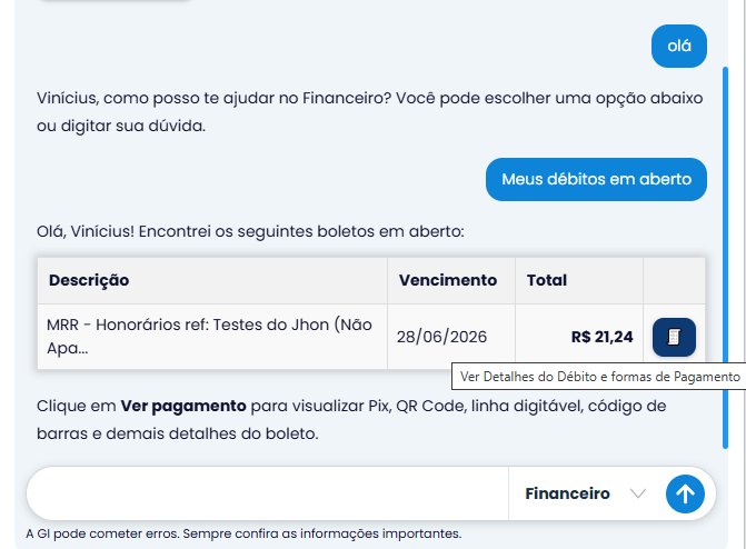 Chat financeiro exibe boleto vencido e opção de pagamento no Sistema Contábil Makro, mostrando o que acontece se o pagamento atrasar.