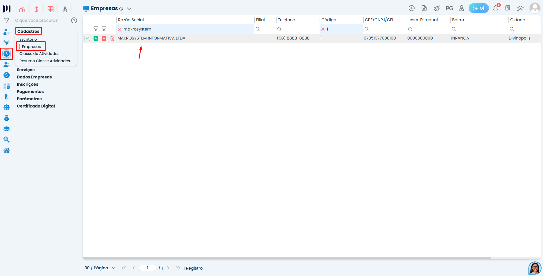 Tela do Sistema Contábil Makro exibindo o menu Preparar > Cadastros > Empresas para acessar o cadastro de certificado digital por empresa.