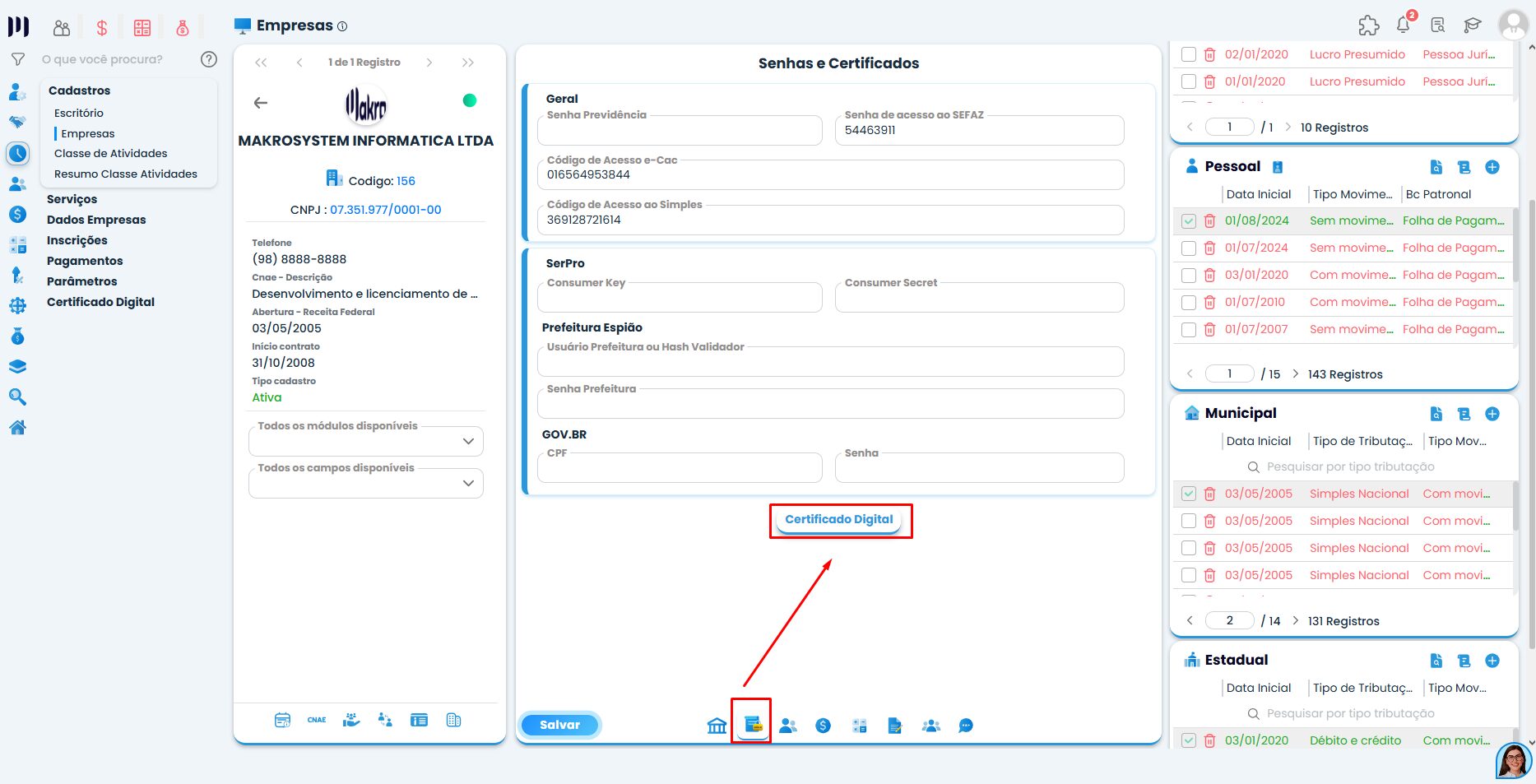 Tela do Sistema Contábil Makro mostrando a aba Senhas e Certificados com destaque para o botão de certificado digital por empresa.