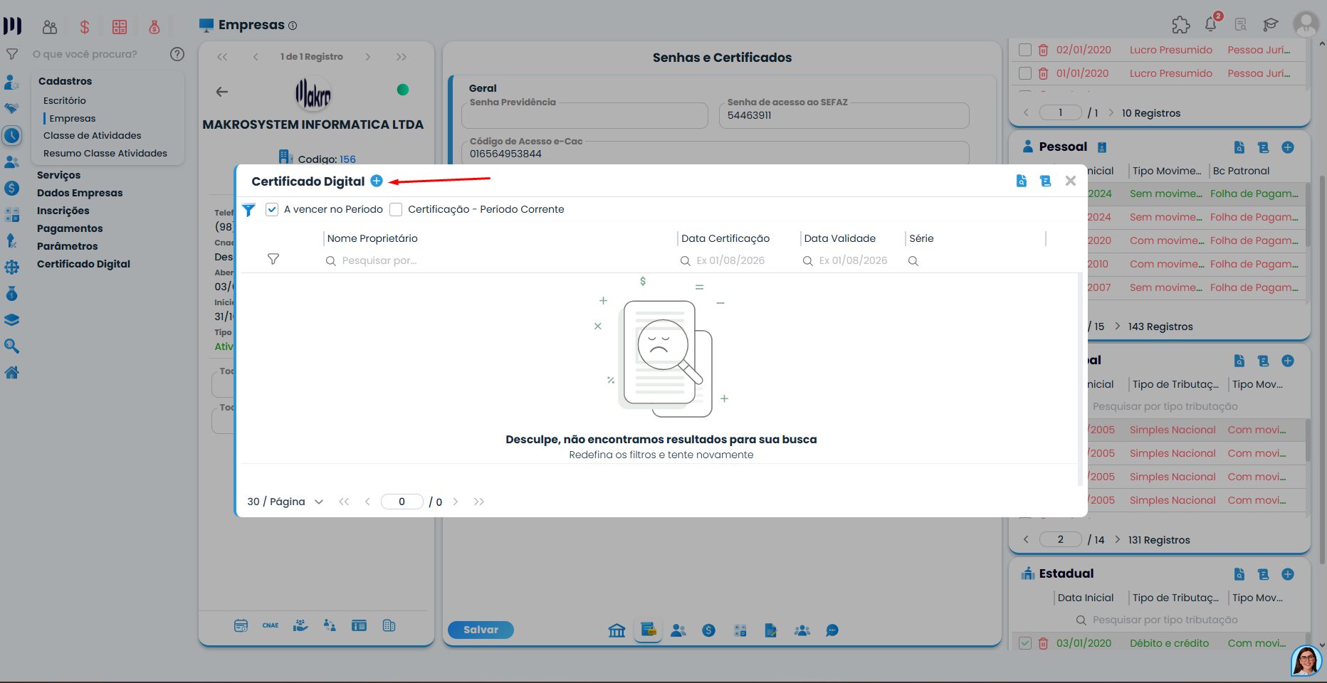 Janela de gerenciamento de certificado digital por empresa no Sistema Contábil Makro com filtros para consulta, validade e pesquisa de certificados.