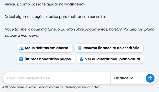 Gi Financeiro no software contábil Makro. Esse modo é indicado quando a dúvida não está relacionada à escrituração contábil da empresa, mas a cobranças, pagamentos e ao plano utilizado pelo escritório.
