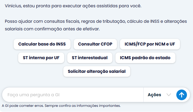 Parte da Gi Ações no sistema contábil Makro, reúne recursos mais operacionais. Nesse ambiente, a Gi pode executar consultas, validações e ações assistidas dentro do sistema.