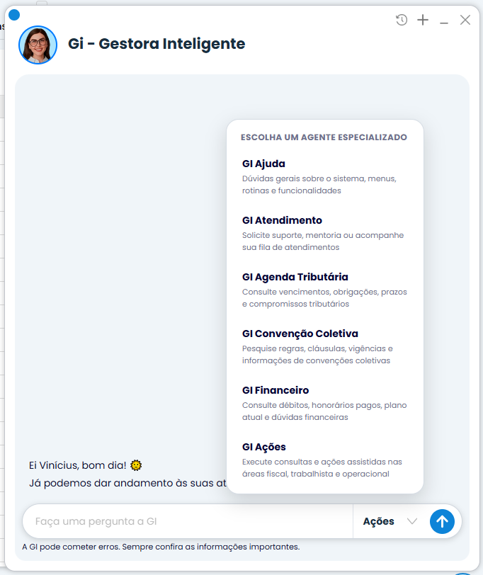 Tela da Gi no sistema Contábil Makrosystem com todos os agentes especializados.