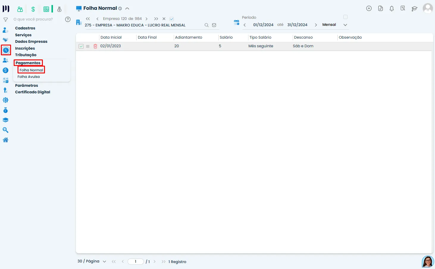 Tela do Sistema Contábil Makro com acesso à Folha Normal em Pagamentos, etapa inicial para configurar o Pagamento da Folha de Pagamento.
