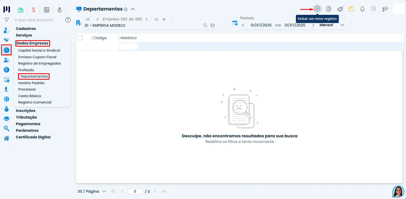 Tela de Departamentos do Sistema Contábil Makro destaca o menu e o botão de novo registro para Cadastrar departamento na empresa.