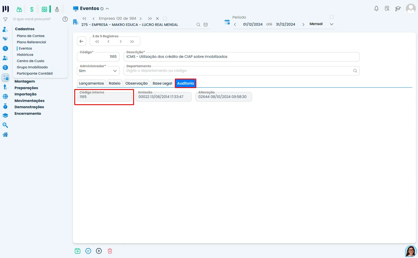 Tela do Sistema Contábil Makro exibe a aba Auditoria com código interno do evento, necessário para configurar o Parâmetro global: 162.