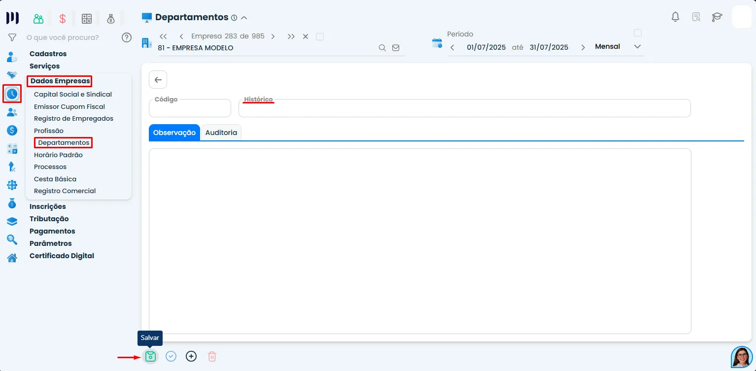 Tela do Sistema Contábil Makro exibe campos de código, histórico e observação, além do botão Salvar para Cadastrar departamento.