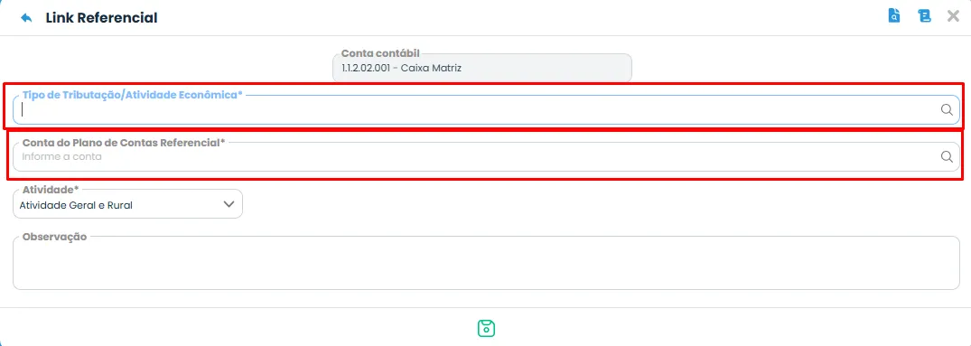 Sistema Contábil Makro mostra os campos de tributação e plano de contas necessários para preencher a Vinculação do Link Referencial.
