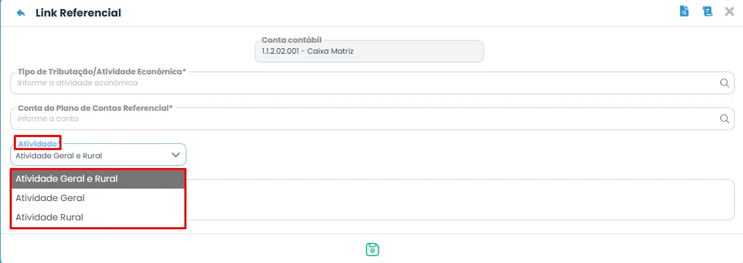 Tela do Sistema Contábil Makro exibe opções de atividade econômica para selecionar durante a Vinculação do Link Referencial.