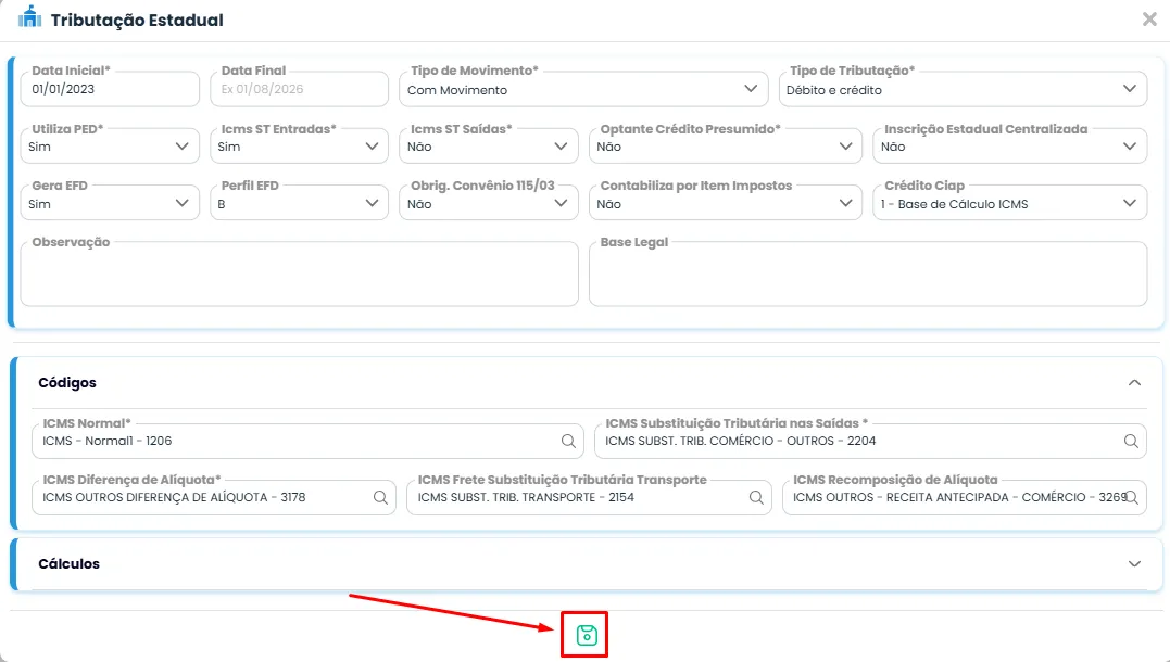 Tela de Tributação Estadual do Sistema Contábil Makro destaca o botão Salvar para concluir a configuração da ECD com arquivo único.