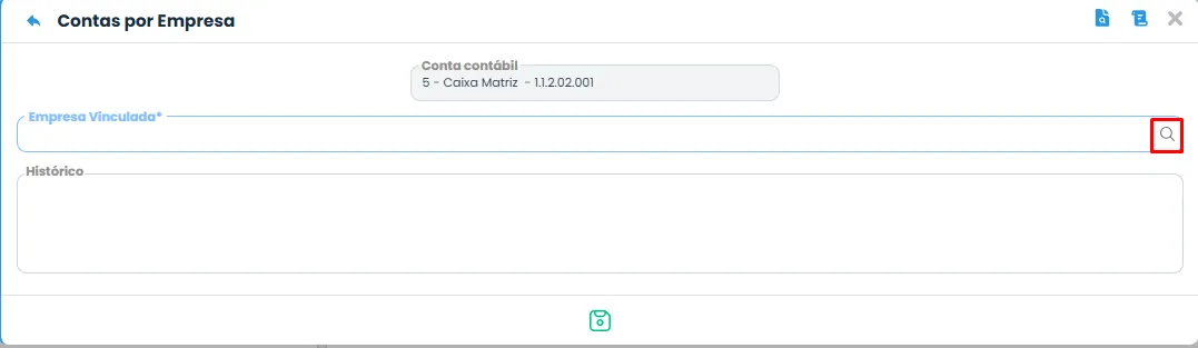 Sistema Contábil Makro mostra tela Contas por Empresa com lupa destacada para pesquisar e vincular Conta contábil para uma Empresa.