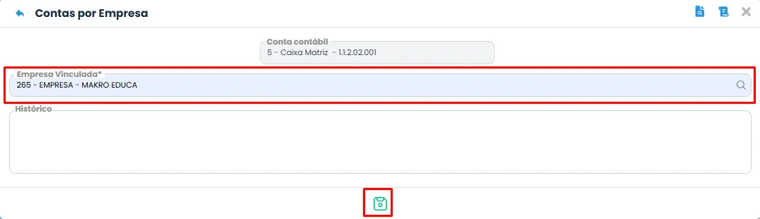Sistema Contábil Makro exibe Empresa Vinculada preenchida e botão salvar destacado para confirmar Conta contábil para uma Empresa.