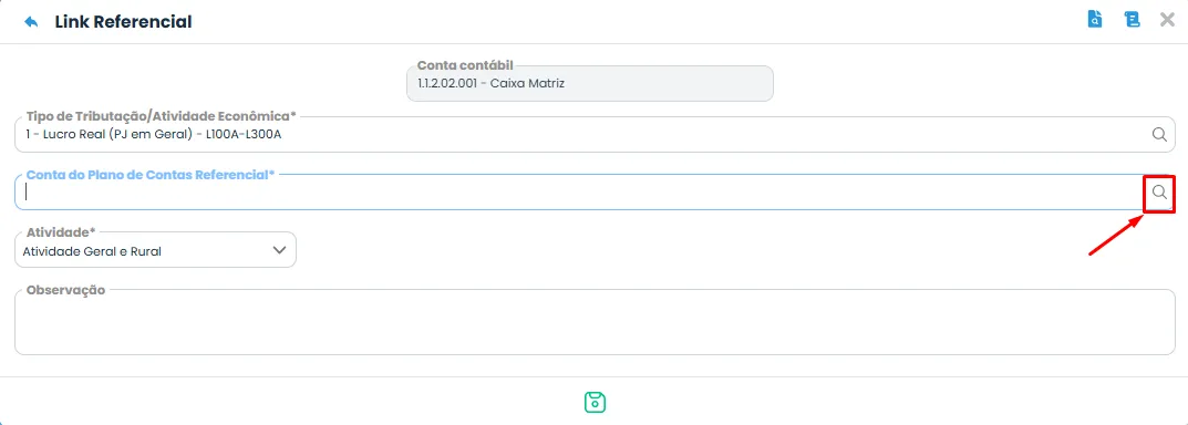 Sistema Contábil Makro destaca a lupa da Conta do Plano de Contas Referencial para continuar a Vinculação do Link Referencial.