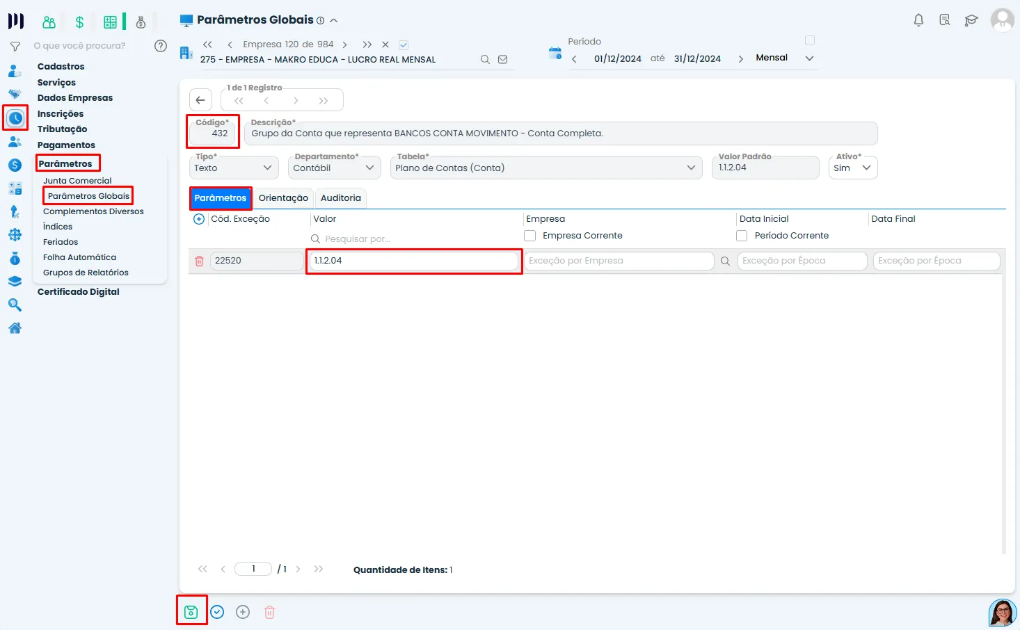 Parâmetros de disponibilidade no Sistema Contábil Makro, com código 432 e grupo de contas bancárias e conta movimento destacado na tela.