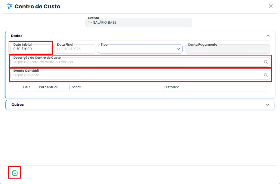 Sistema Contábil Makro destaca os campos de data inicial, descrição e evento contábil para configurar o Centro de Custo para evento da Folha.