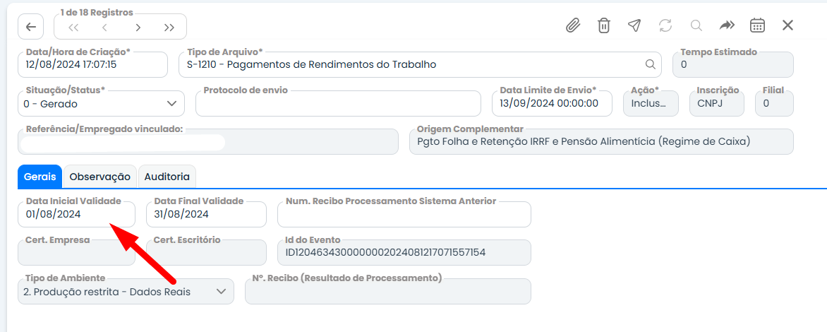 Tela do Sistema Contábil Makro destaca a data inicial de validade para corrigir o erro eSocial 1281 no evento de pagamentos do trabalhador.