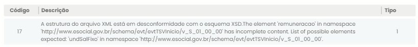 Tela com código 17 e mensagem de inconsistência no XML do eSocial, indicando o Erro eSocial 17 no Sistema Contábil Makro.