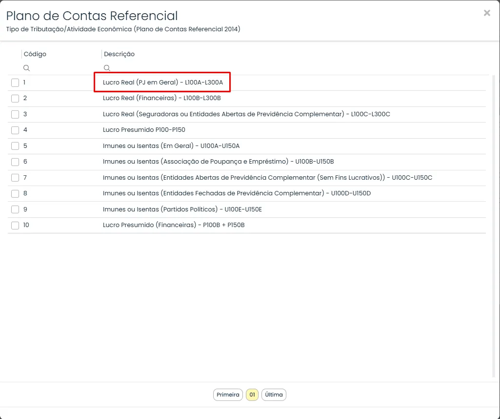 Sistema Contábil Makro apresenta opções de tributação no Plano de Contas Referencial para configurar a Vinculação do Link Referencial.
