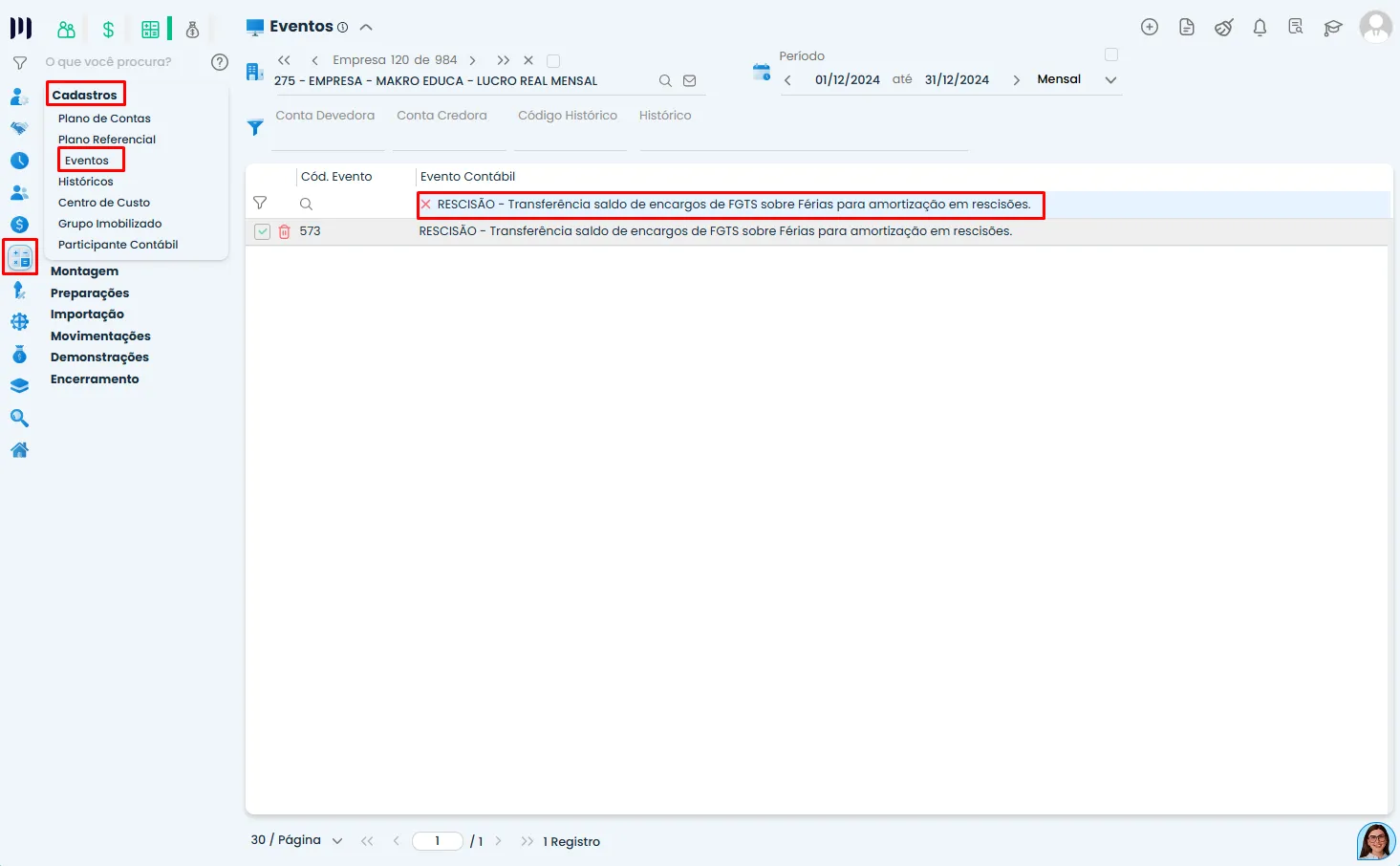 Tela de Eventos do Sistema Contábil Makro exibe evento de rescisão associado ao Parâmetro 542 para transferência dos encargos de FGTS sobre férias.