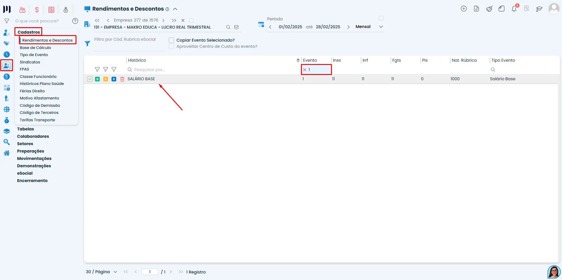Tela de Rendimentos e Descontos do Sistema Contábil Makro destaca o Salário Base para configurar o Centro de Custo para evento da Folha.