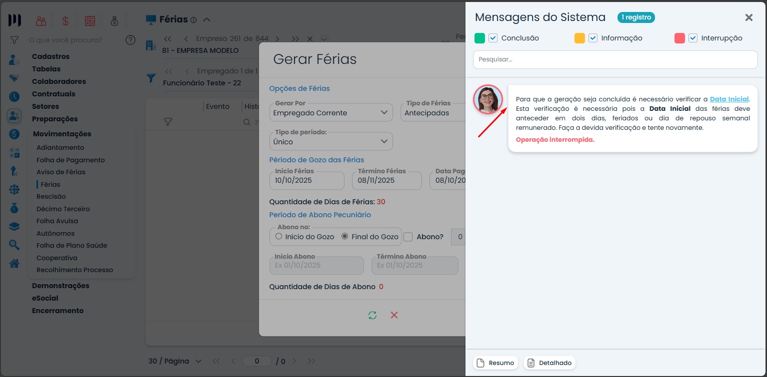 Ajuste de validação nas férias no Sistema Contábil Makro, com tela de geração de férias exibindo alerta para verificar a data inicial.
