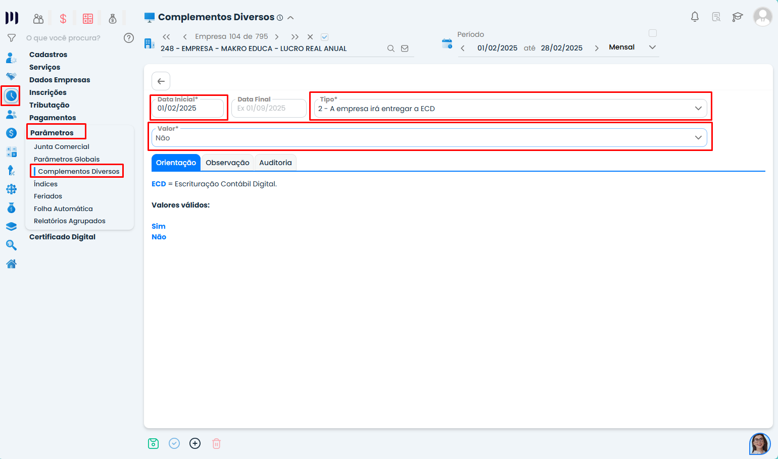 Tela do Sistema Contábil Makro mostra Complementos Diversos com período, tipo e valor para configurar corretamente o Arquivo da ECF.
