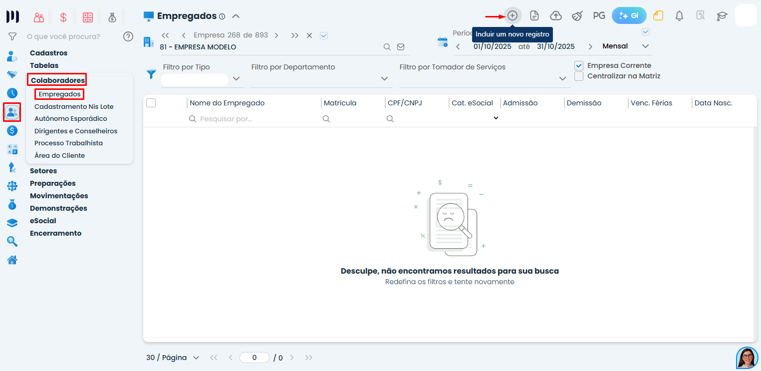 Tela do Sistema Contábil Makro exibindo o menu Empregados e a opção de incluir novo registro para iniciar o processo de Cadastro de empregado.