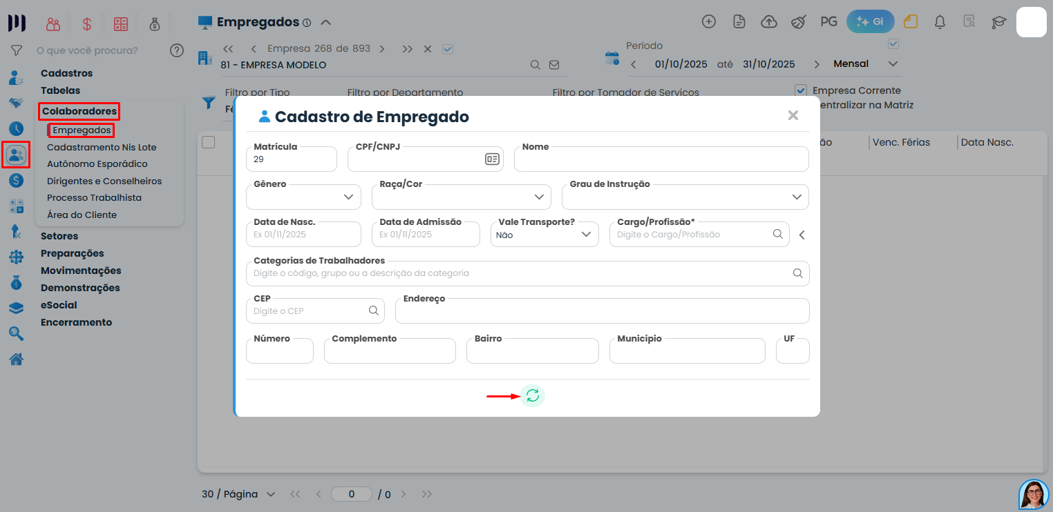 Formulário de registro completo no Sistema Contábil Makro para preenchimento dos dados obrigatórios do Cadastro de empregado.
