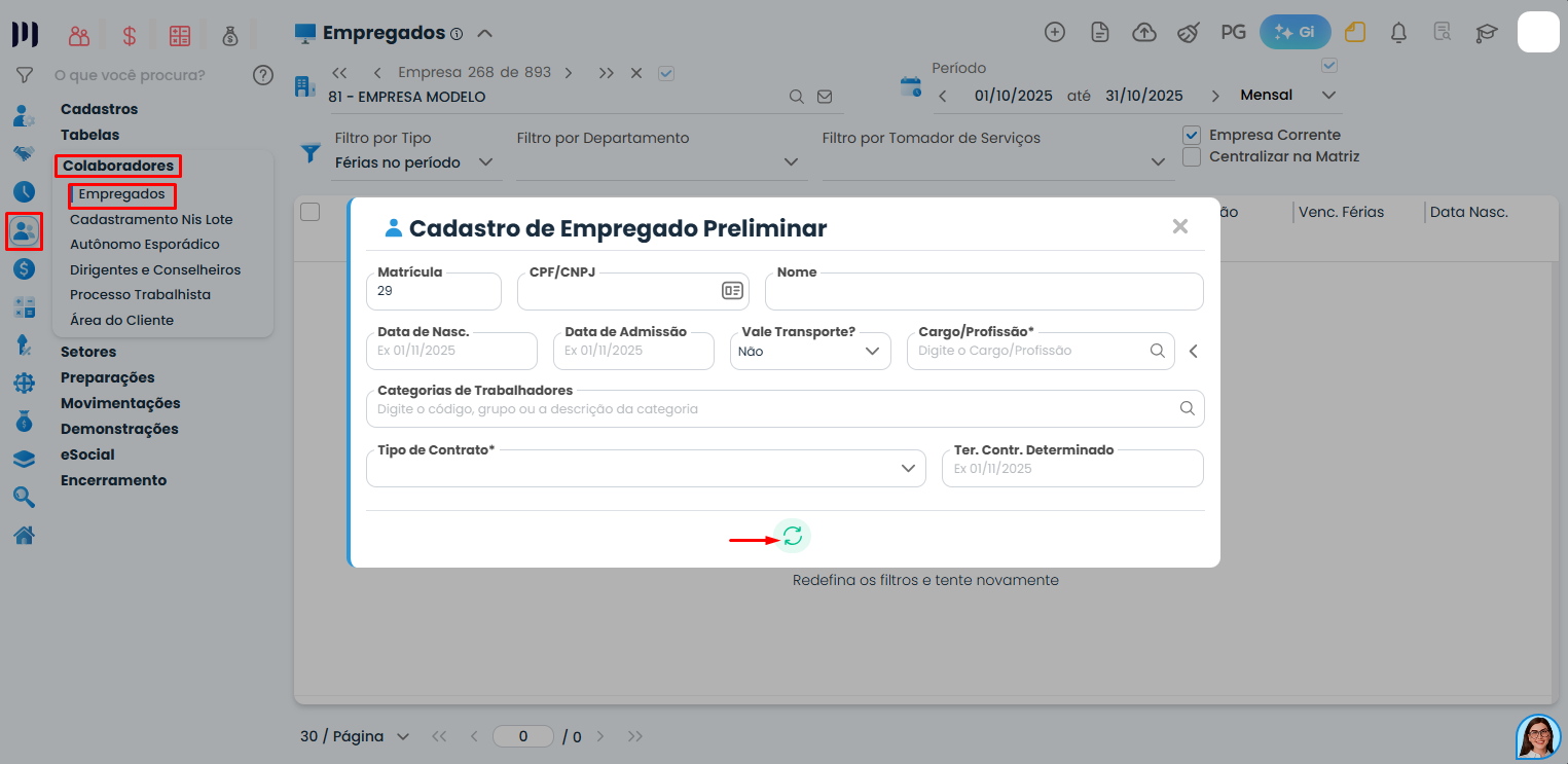 Tela de registro preliminar no Sistema Contábil Makro com os campos essenciais para realizar o Cadastro de empregado no eSocial.