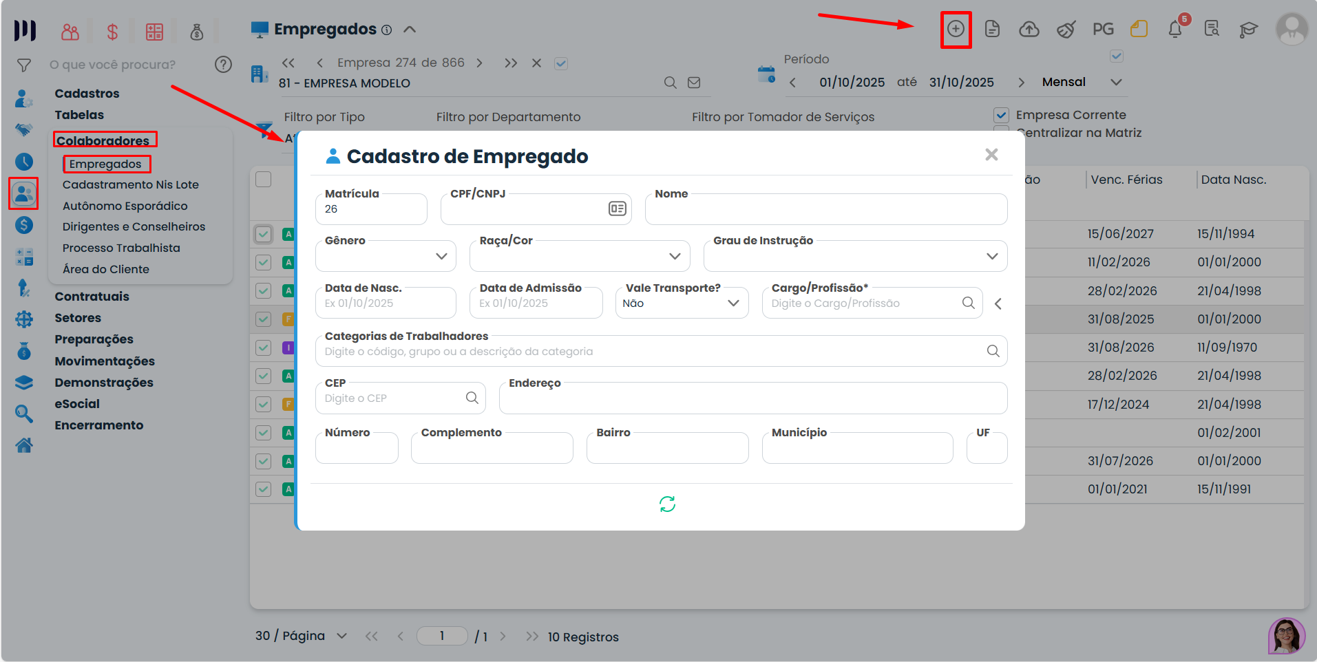 Tela do Sistema Contábil Makro com cadastro de empregado aberto para preencher dados de admissão e iniciar o registro de Menor Aprendiz.