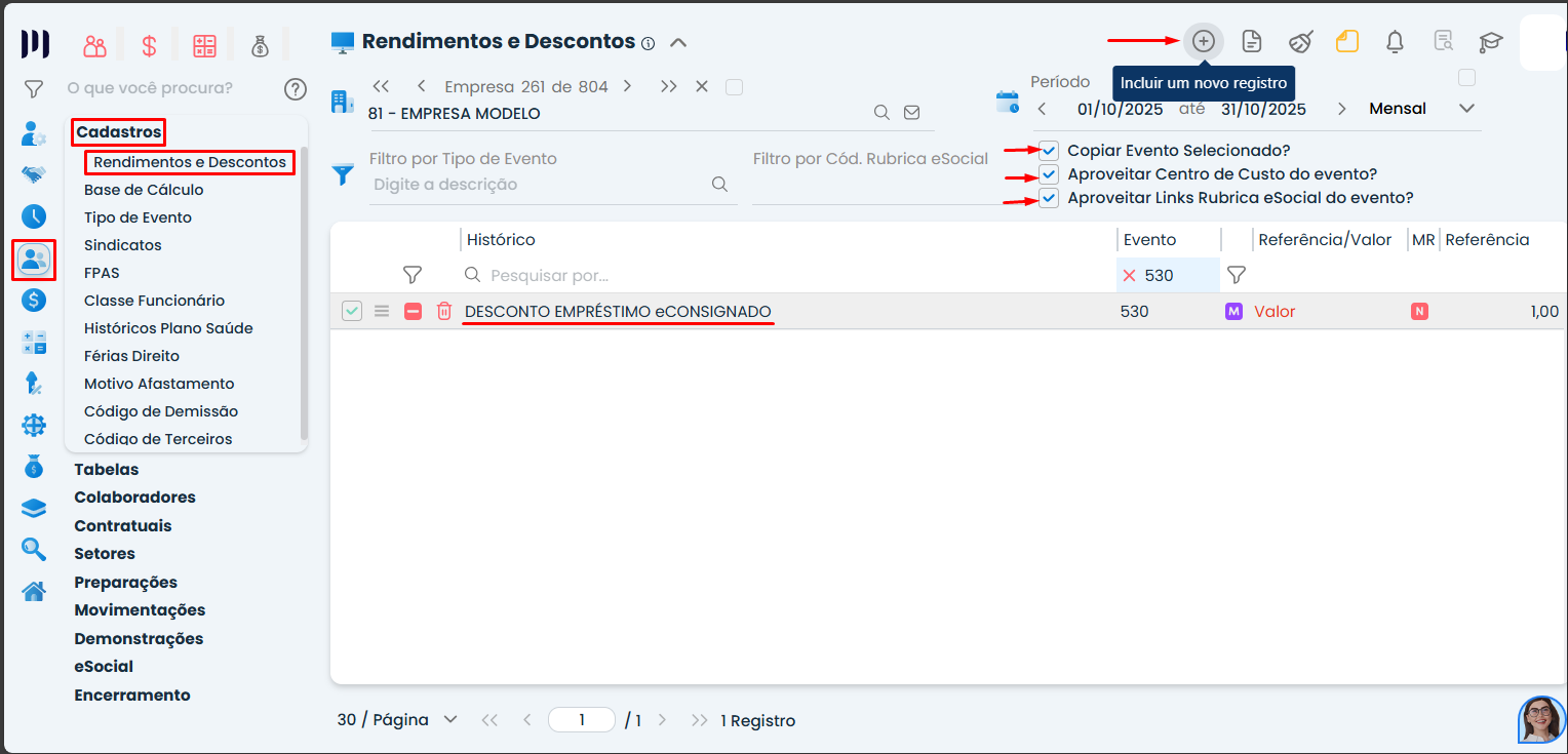 Validação eSocial 17 no Sistema Contábil Makro: tela de Rendimentos e Descontos destaca opções para copiar e criar novo evento de empréstimo.