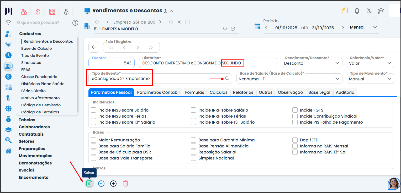 Validação eSocial 17 no Sistema Contábil Makro: cadastro mostra descrição e tipo do segundo empréstimo, com destaque para salvar o novo evento.