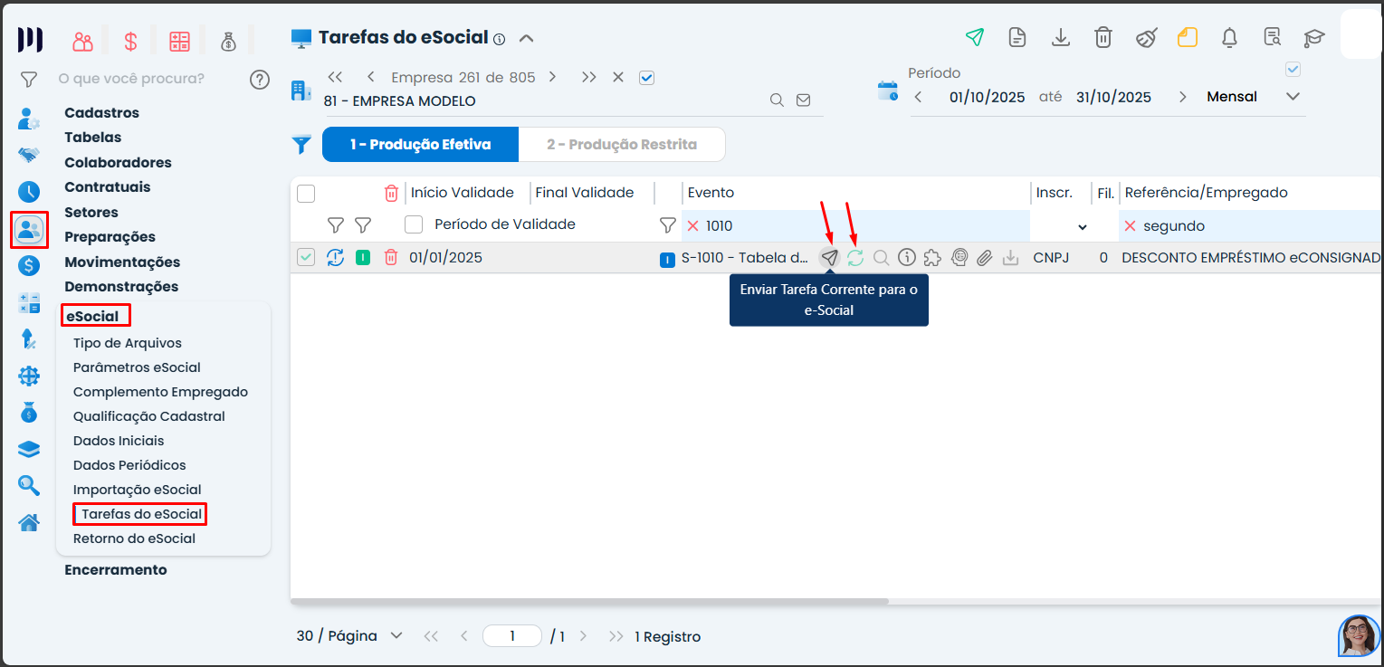Validação eSocial 17 no Sistema Contábil Makro: Tarefas do eSocial exibe a rubrica S-1010 e destaca o comando para enviar a tarefa.