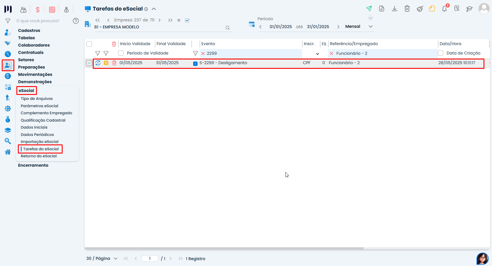 Tela de tarefas do Sistema Contábil Makro com evento S-2299 de desligamento destacado para verificar e solucionar o erro eSocial 553.