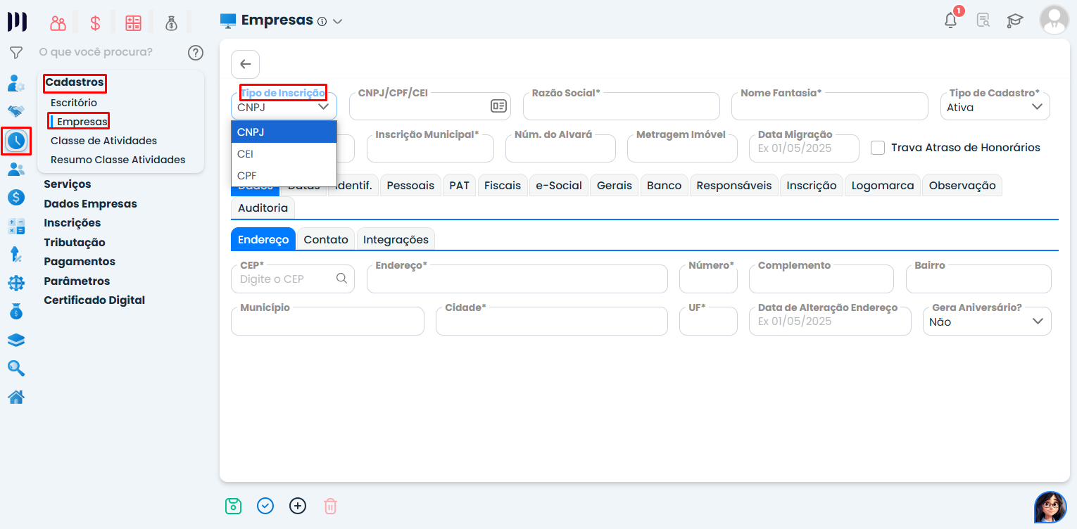Tela do Sistema Contábil Makro destaca o Tipo de Inscrição da empresa para corrigir dados do Cadastro de CNPJ da RFB no eSocial.