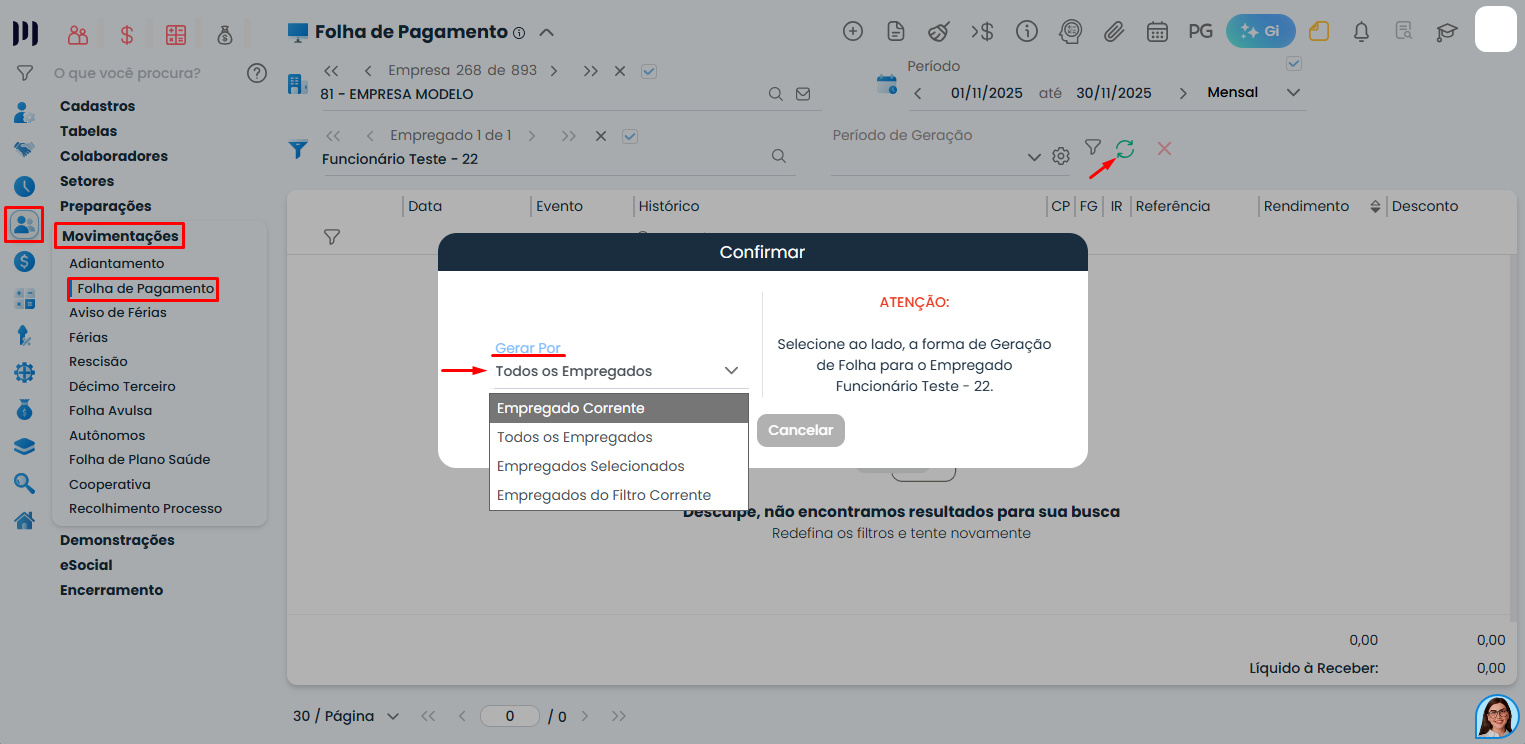 Tela do Sistema Contábil Makro exibindo a Geração da folha de pagamento com opções de processamento para empregados e confirmação da geração.