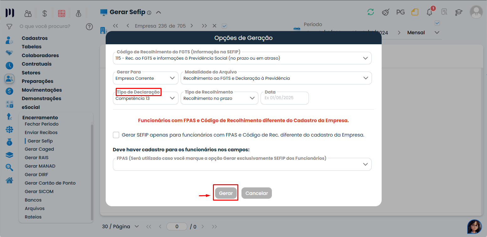 Janela do Sistema Contábil Makro destaca Tipo de Declaração e o botão Gerar para concluir a Geração da SEFIP do décimo terceiro.