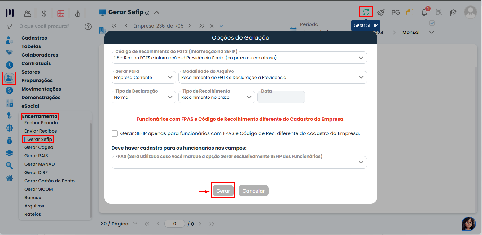 Janela de opções do Sistema Contábil Makro exibe configurações do Arquivo SEFIP e destaca o botão Gerar para concluir o procedimento.