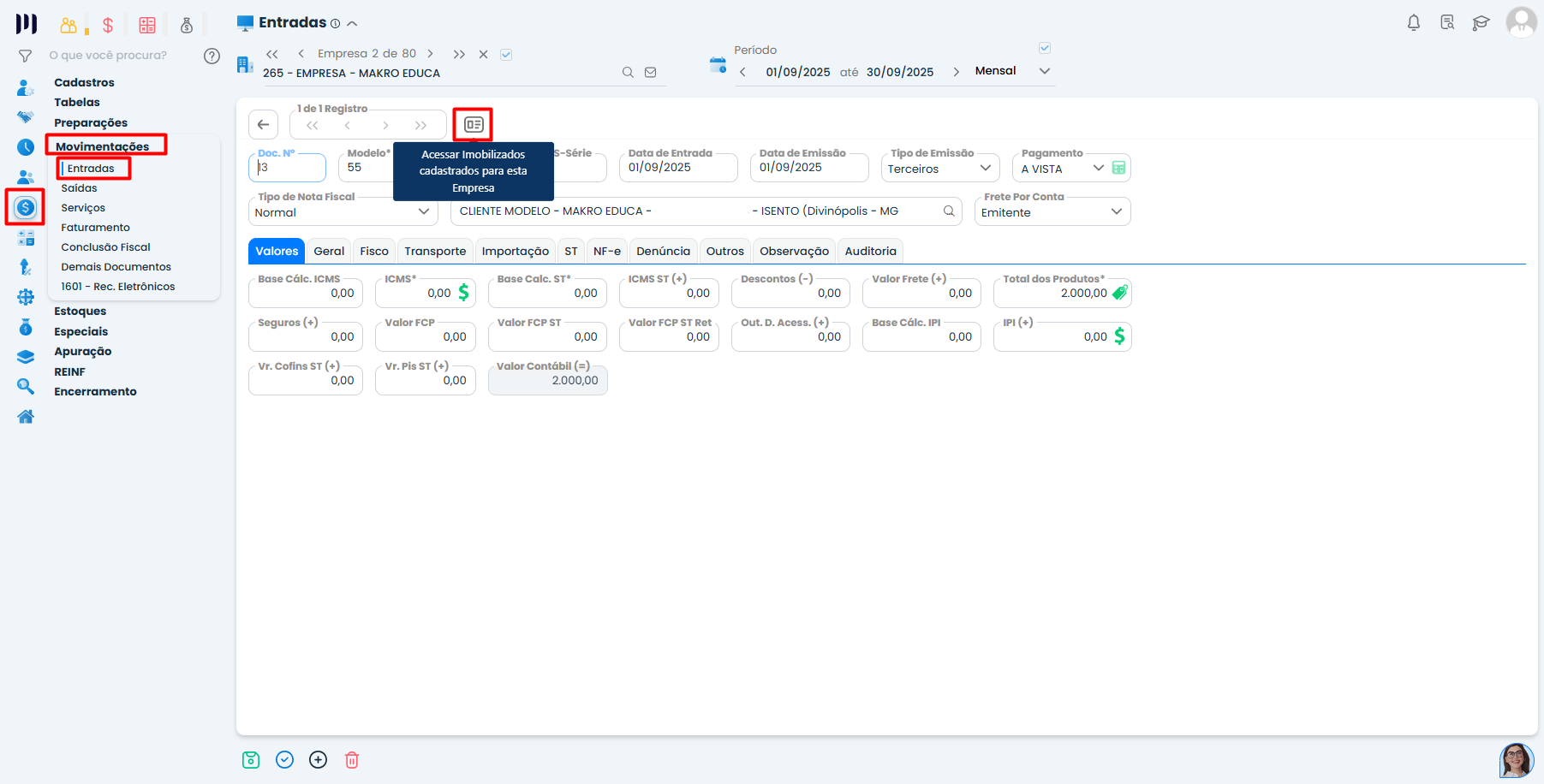 Tela de Entradas do Sistema Contábil Makro destaca o acesso ao cadastro para realizar o Lançamento de imobilizado vinculado à nota fiscal.